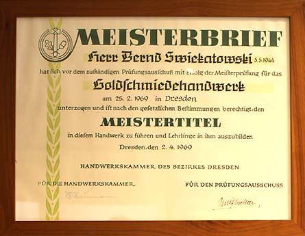 Meisterbrief von Bernd Swiekatowski in Naumburg
